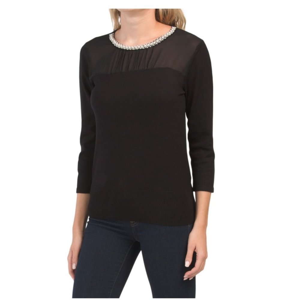 CABLE & GAUGE  Three-quarter Sleeve Pullover With Beaded Neck
